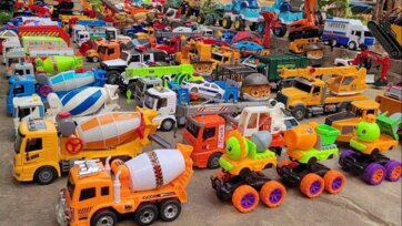 Colorful Toy Trucks Parade - Cement Mixers, Cranes and Construction Fun for Kids