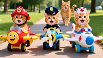 Happy Rescue Kittens Ride Toy Planes and Learn About Helping Jobs