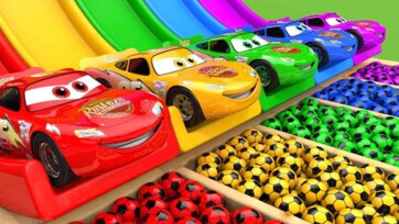 Color Cars Race on Rainbow Slides with Colorful Soccer Balls